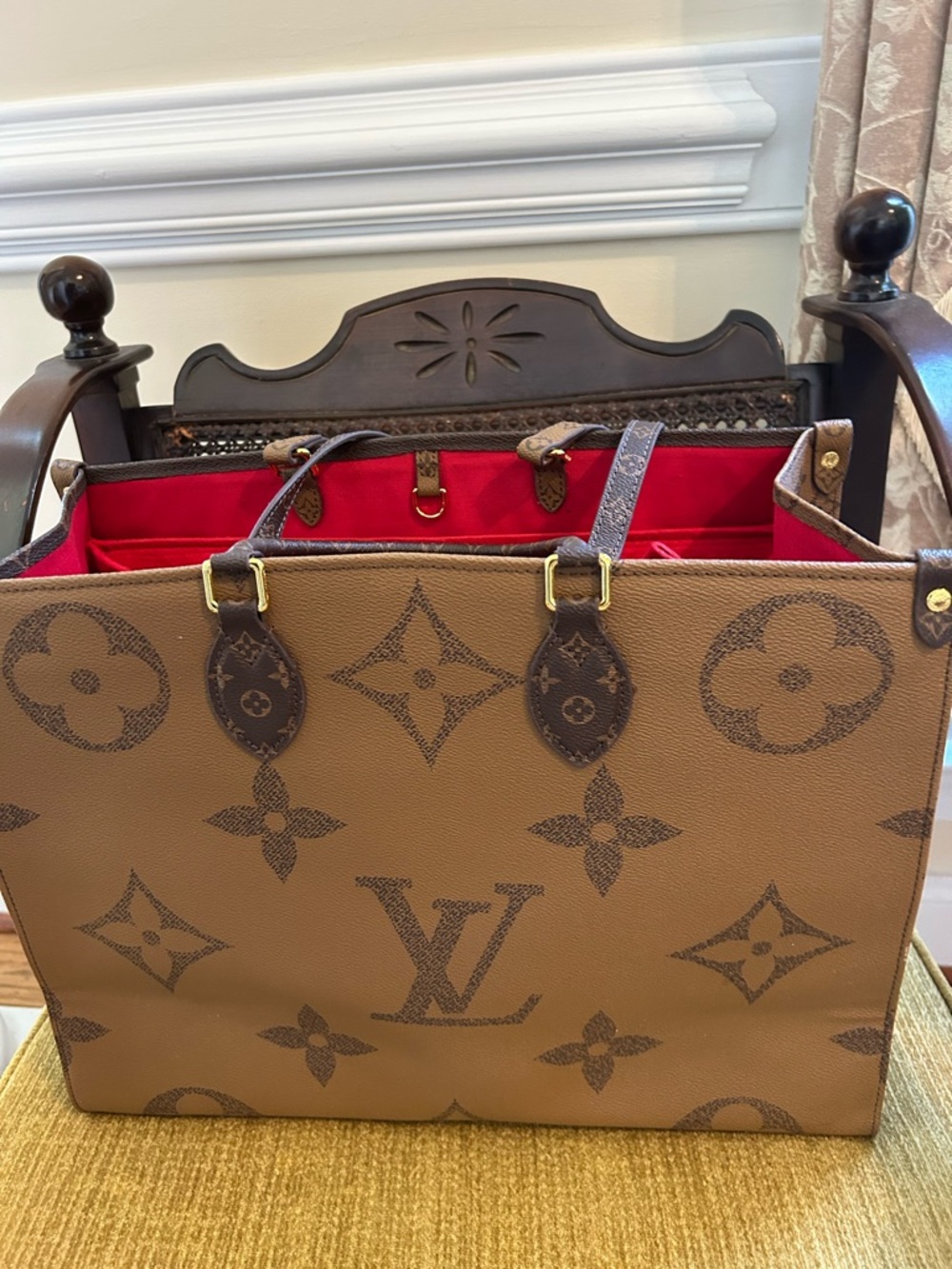 Monogram-Pattern Brown Tote with Red Interior - Picture 2 of 6